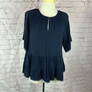 loft navy white 3/4 sleeve blouse key hole neck contrast stitching sz medium